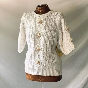 Vintage 80s Off White Chunky Floral Knit Short Sleeve Sweater